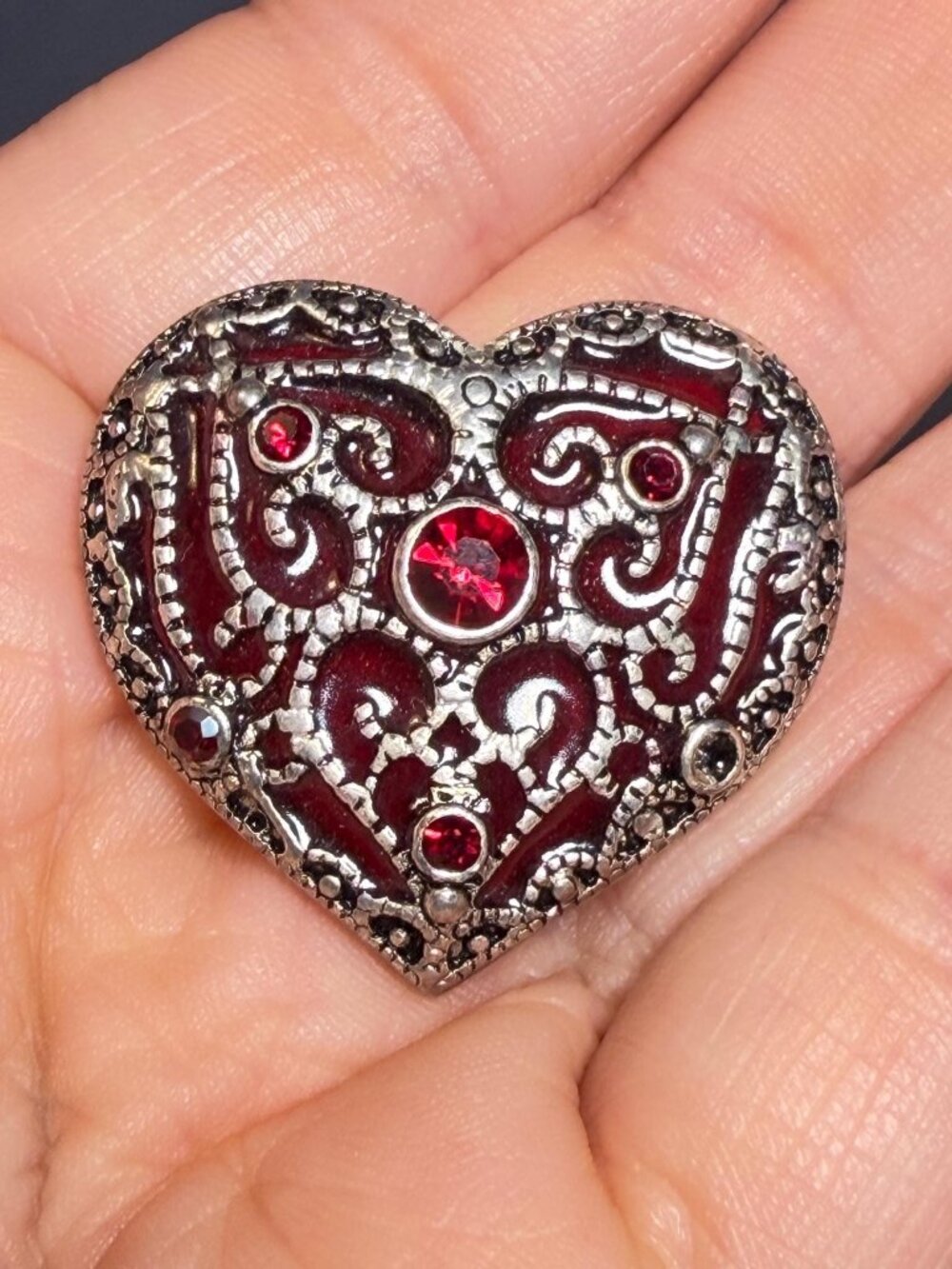 Monet Heart Brooch Red Rhinestone Openwork Silver Tone Pin